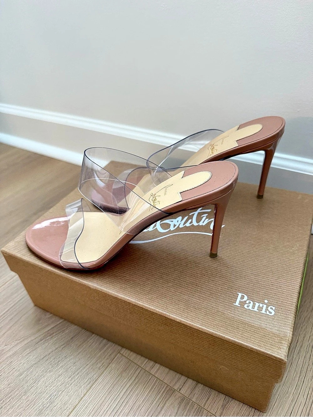 Christian Louboutin Just Nothing 85 Patent and PVC Mules Pink & Clear Heels EU